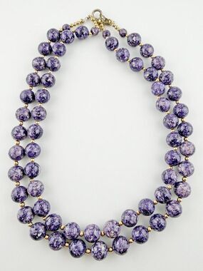 Double Strand Purple Marbled Beaded Necklace Gold Tone Accents
